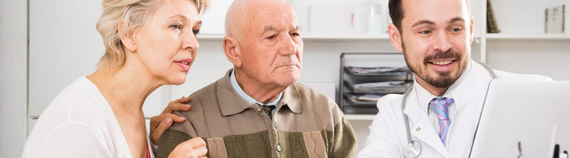 Old father with daughter visit doctor